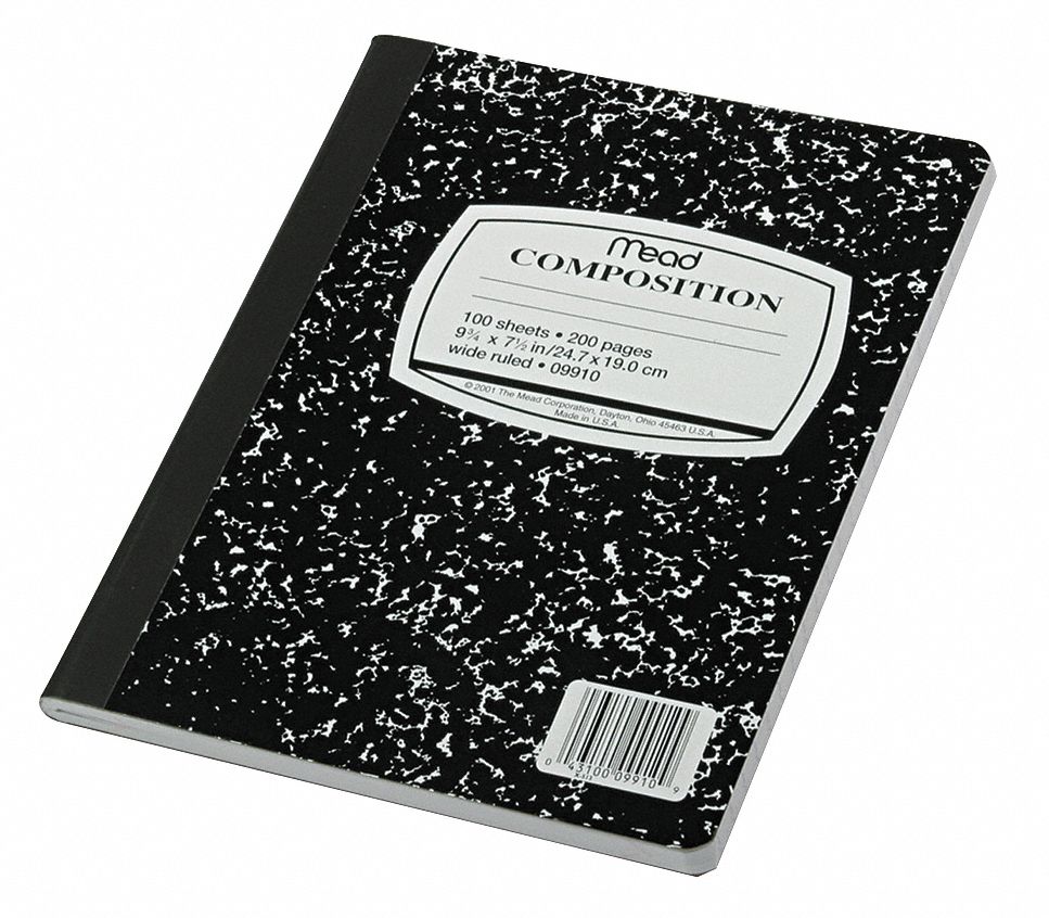 Notebook: 7-1/2 in x 9-3/4 in Sheet Size, Legal, White, 100 Sheets, 0% Recycled Content, Black