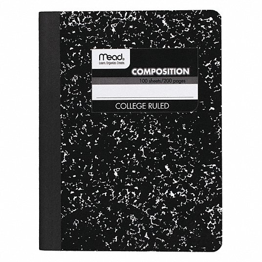 Notebook: 7-1/2 in x 9-3/4 in Sheet Size, College, White, 100 Sheets, 0% Recycled Content, Left