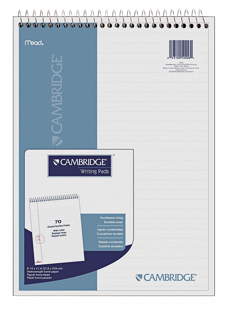 Notebook: 8-1/2 in x 11-1/2 in Sheet Size, Legal, White, 70 Sheets, Blue/White, Top