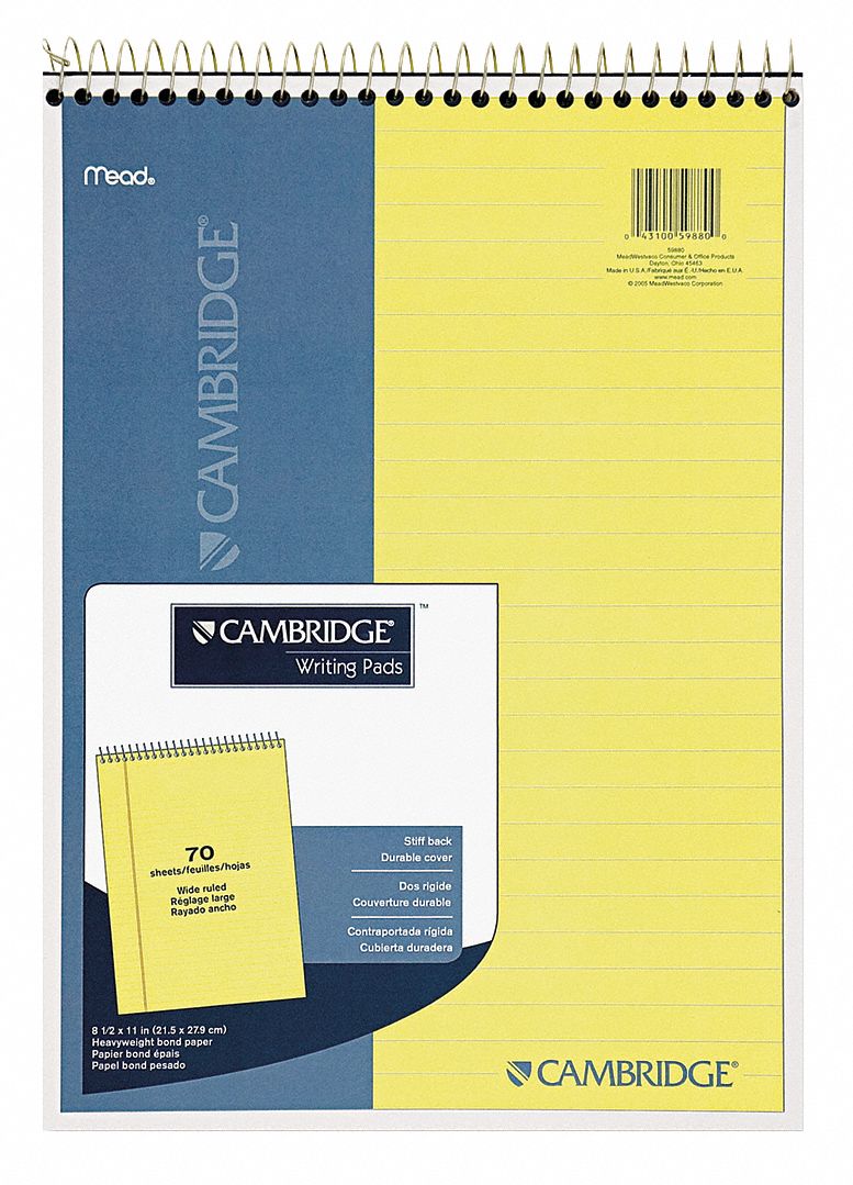 Notebook: 8-1/2 in x 11-1/2 in Sheet Size, Legal, Canary, 70 Sheets, Blue/Canary, Top