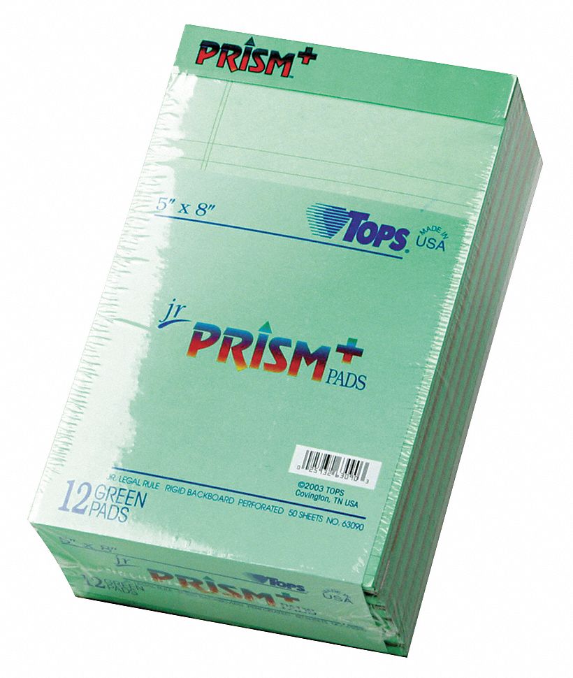 Notepad: 5 in x 8 in Sheet Size, Narrow, Pastel Green, 600 Sheets, 0% Recycled Content, 12 PK