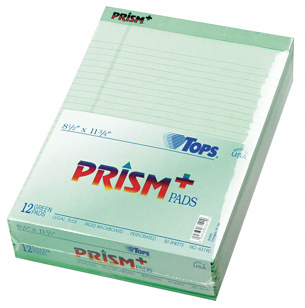 Notepad: 8-1/2 in x 11-3/4 in Sheet Size, Legal, Pastel Green, 600 Sheets, Top, 12 PK