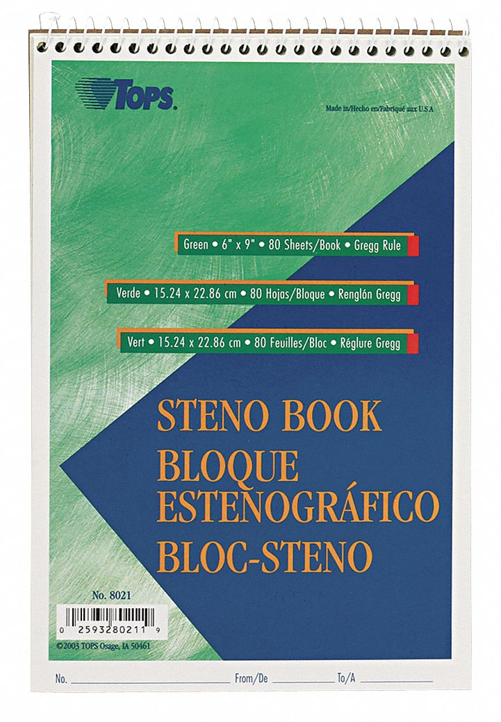 Notebook: 6 in x 9 in Sheet Size, Gregg, Green Tint, 80 Sheets, 0% Recycled Content, Green, Top