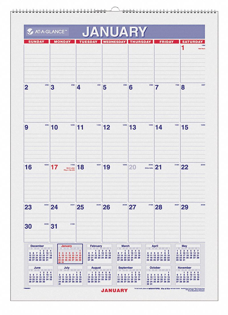 ATAGLANCE Laminated Wall Calendar With Ruled Daily Blocks, Format One