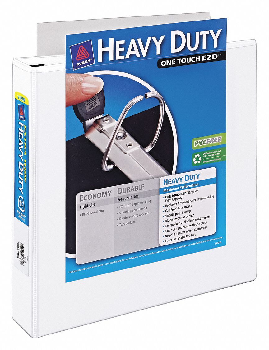 Ring Binder: 1 1/2 in Ring Size, D-Ring, 400 Sheet Capacity, Clear Sleeve, Polypropylene, White