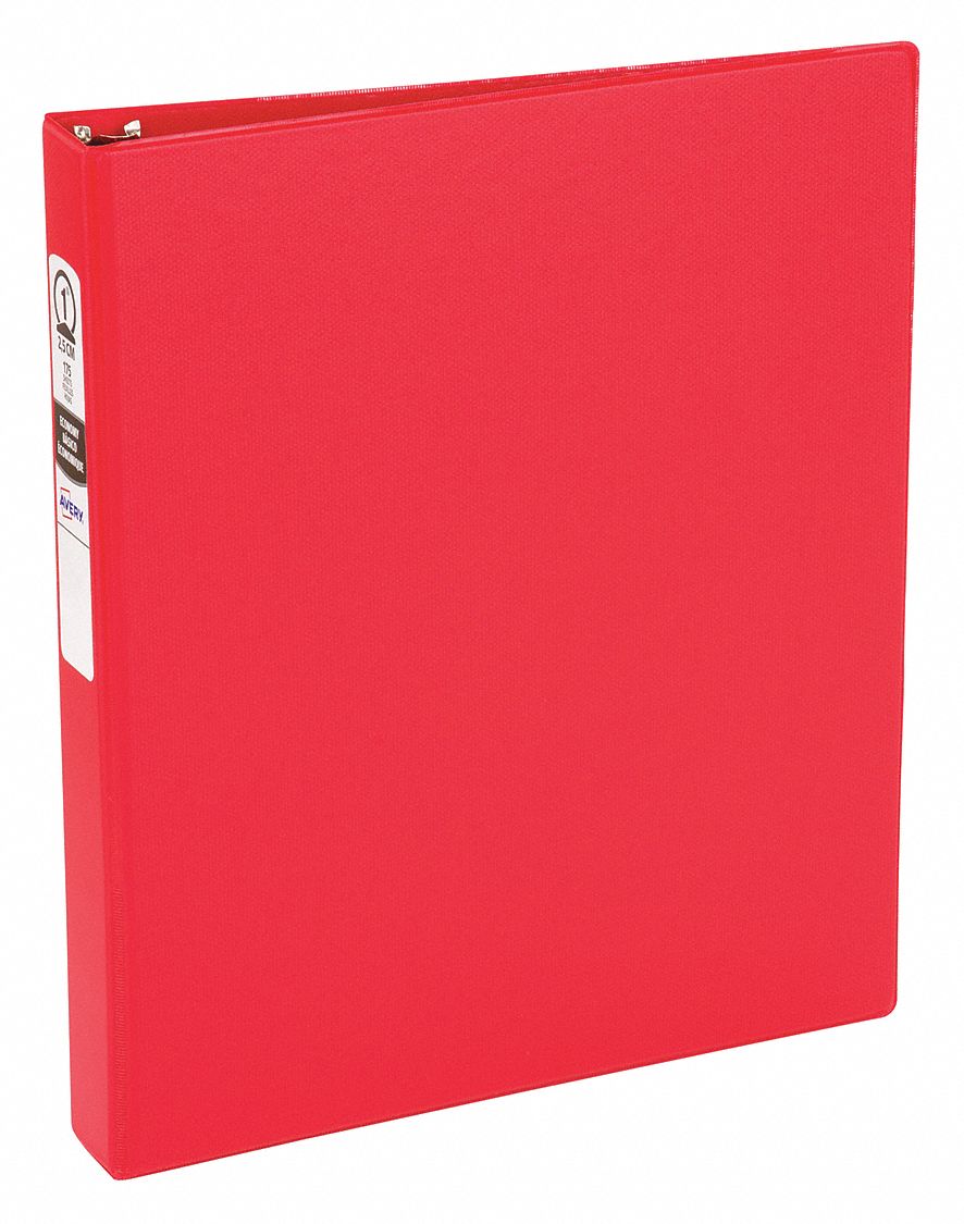 Ring Binder: 1 in Ring Size, Round, 175 Sheet Capacity, Plain, Polypropylene, Red, 2 Pockets
