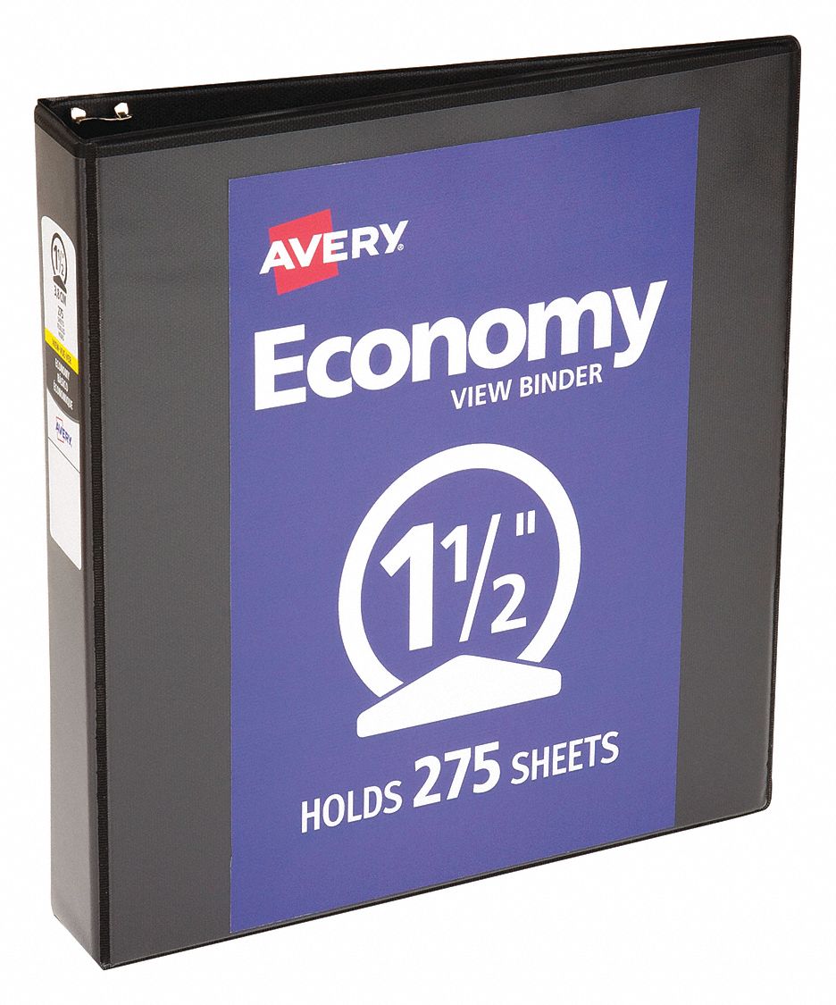 Ring Binder: 1 1/2 in Ring Size, Round, 275 Sheet Capacity, Clear Sleeve, Polypropylene, Black