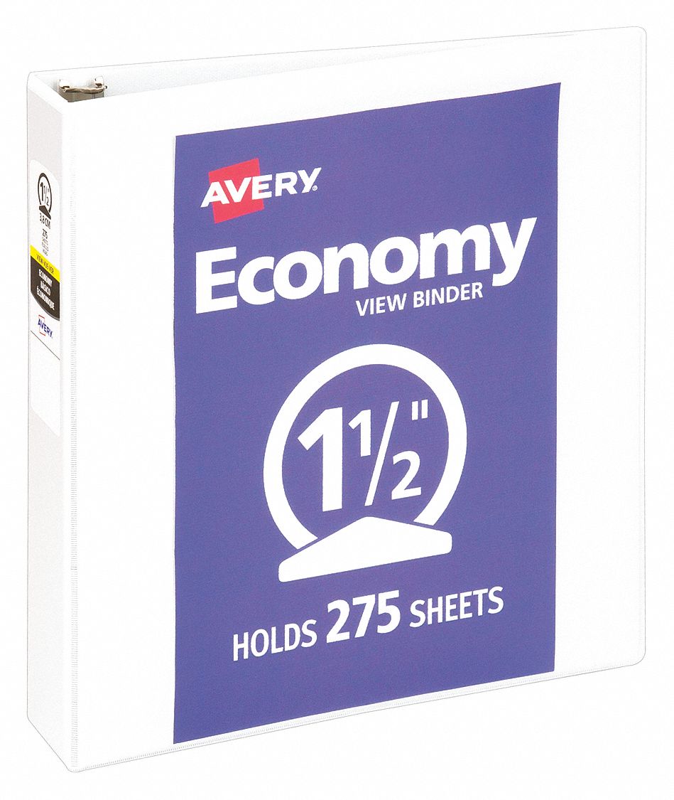 Ring Binder: 1 1/2 in Ring Size, Round, 275 Sheet Capacity, Clear Sleeve, Polypropylene, White