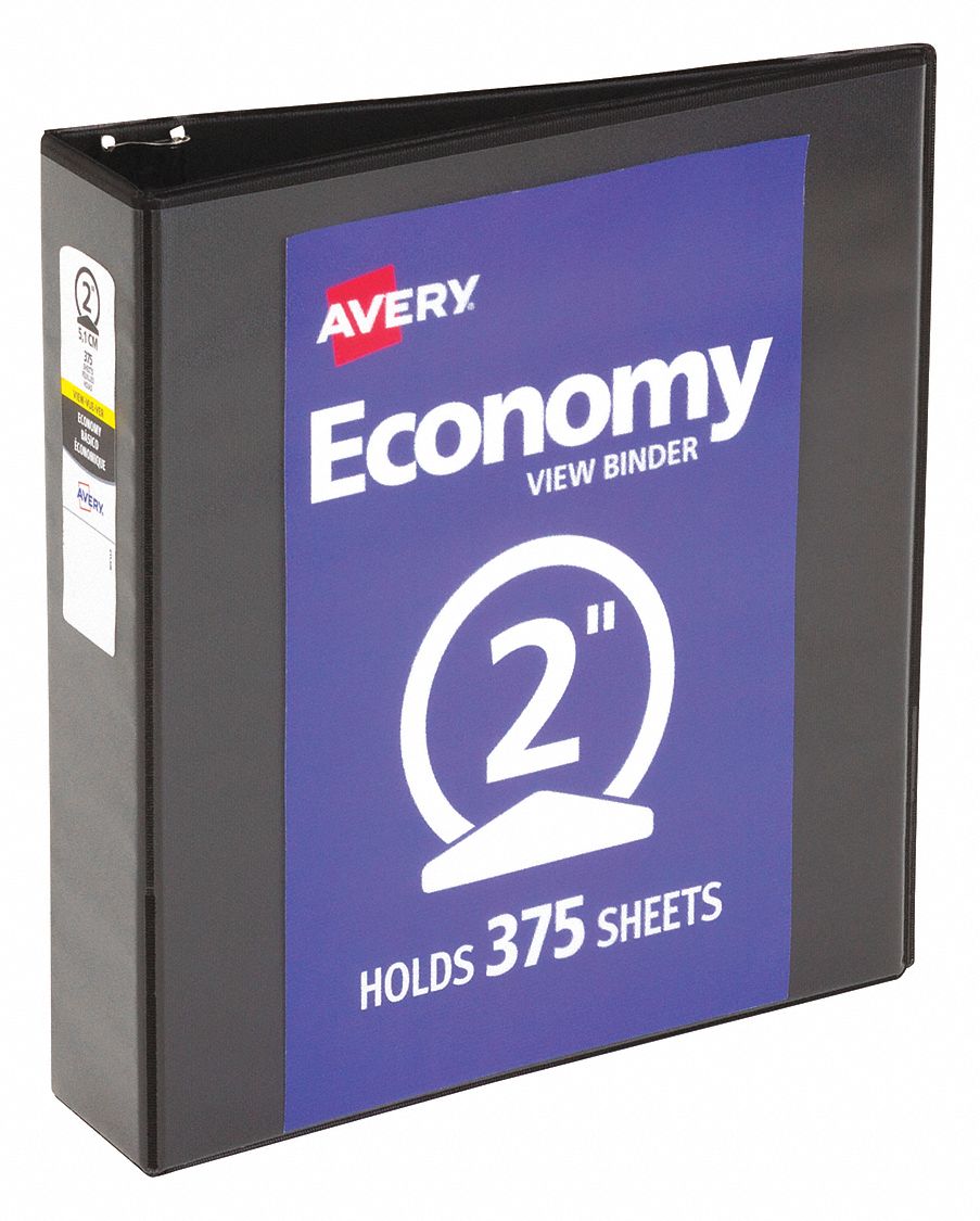 Ring Binder: 2 in Ring Size, Round, 375 Sheet Capacity, Clear Sleeve, Polypropylene, Black