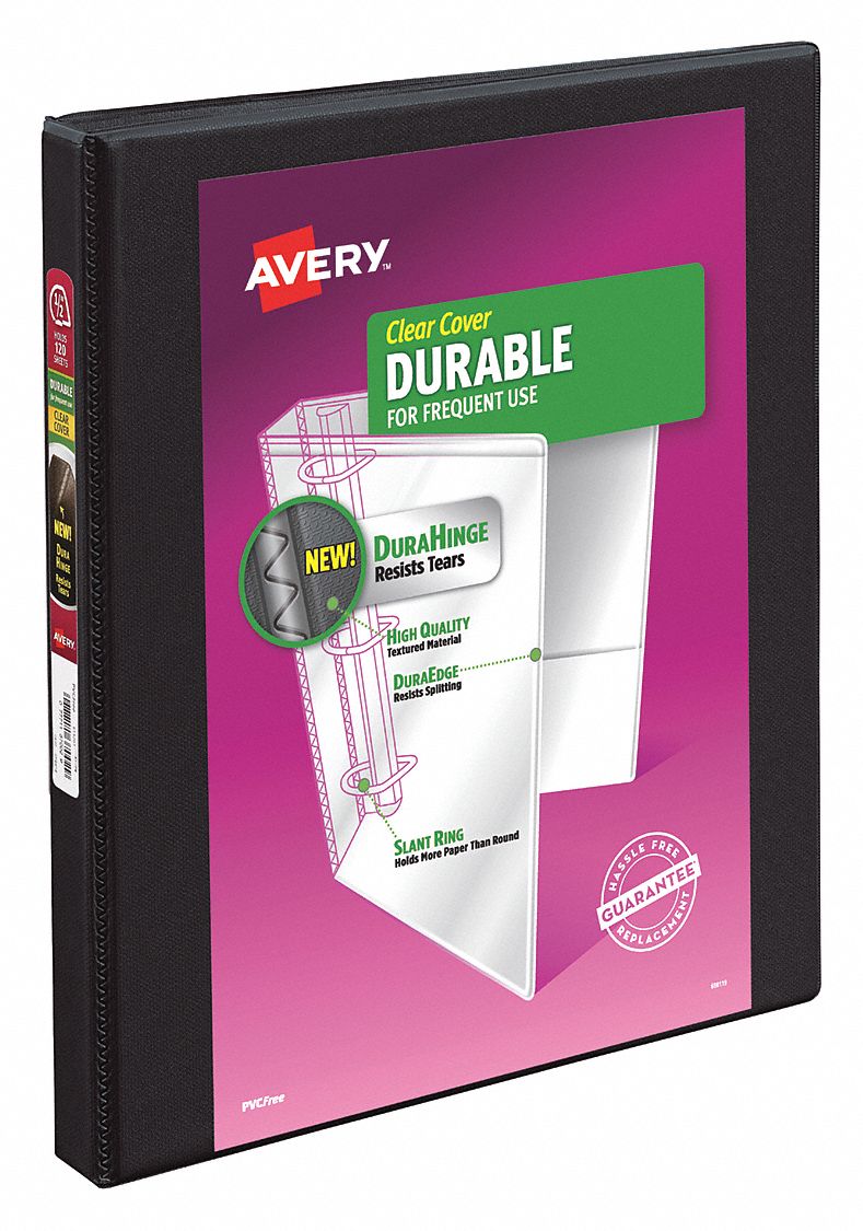 Ring Binder: 1/2 in Ring Size, Slant D-Ring, 120 Sheet Capacity, Clear Sleeve, Polypropylene, Black