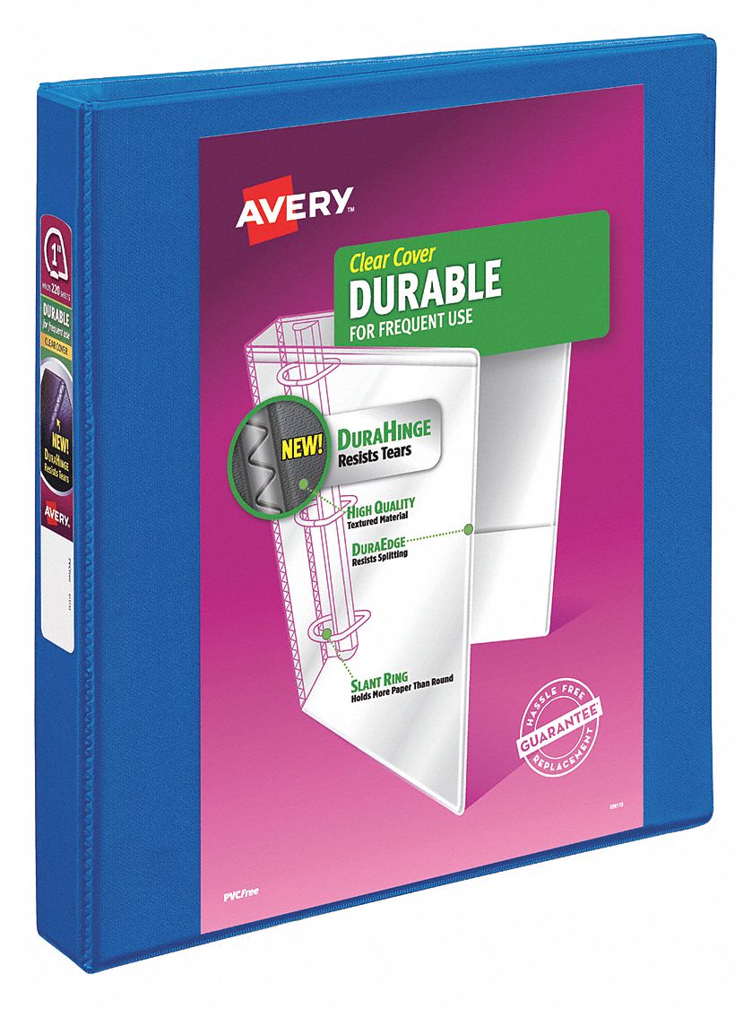Ring Binder: 1 in Ring Size, Slant D-Ring, 220 Sheet Capacity, Clear Sleeve, Polypropylene, Blue
