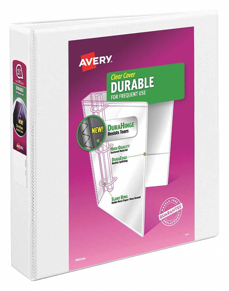 Ring Binder: 1 1/2 in Ring Size, Slant D-Ring, 375 Sheet Capacity, Clear Sleeve, Polypropylene