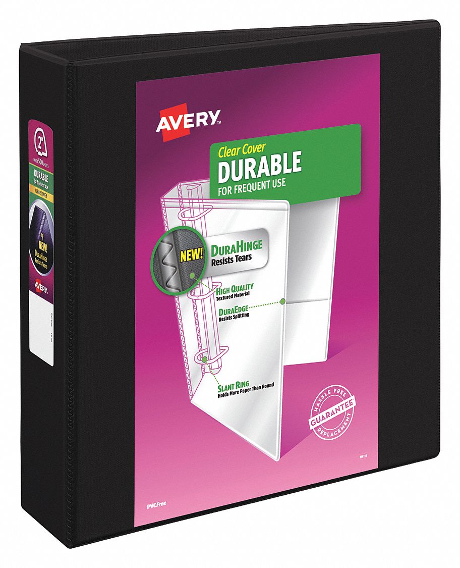 Ring Binder: 2 in Ring Size, Slant D-Ring, 500 Sheet Capacity, Clear Sleeve, Polypropylene, Black