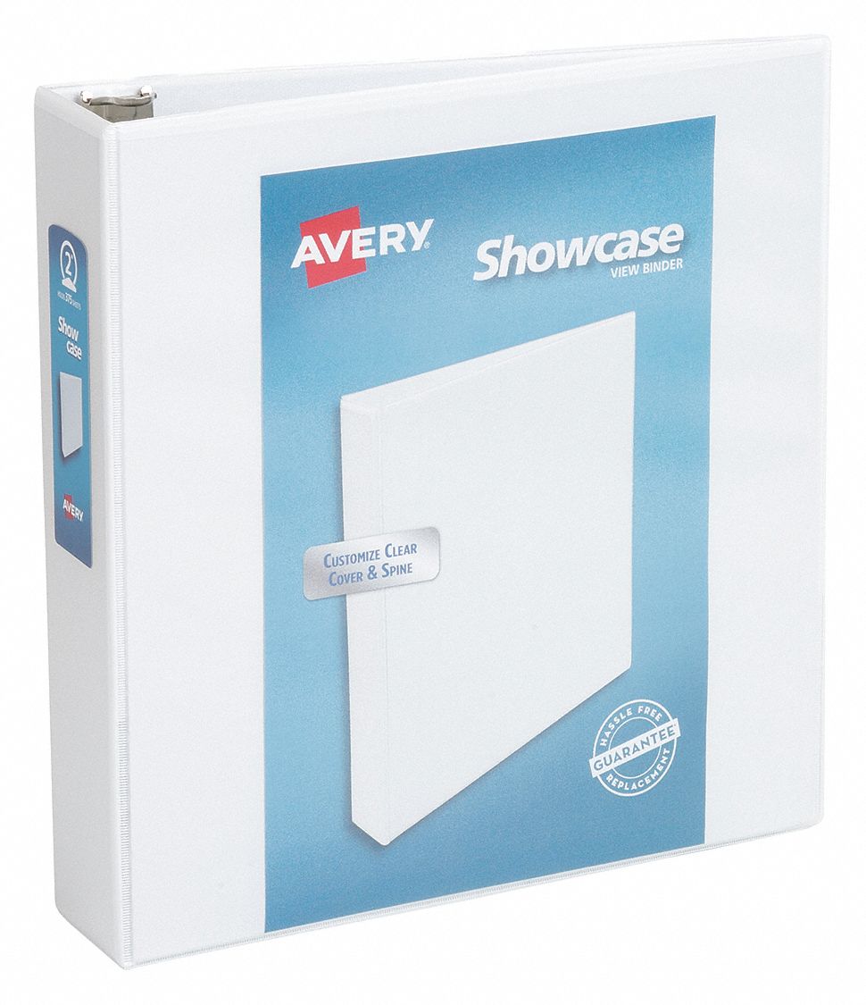 Ring Binder: 2 in Ring Size, Round, 375 Sheet Capacity, Clear Sleeve, Polypropylene, White