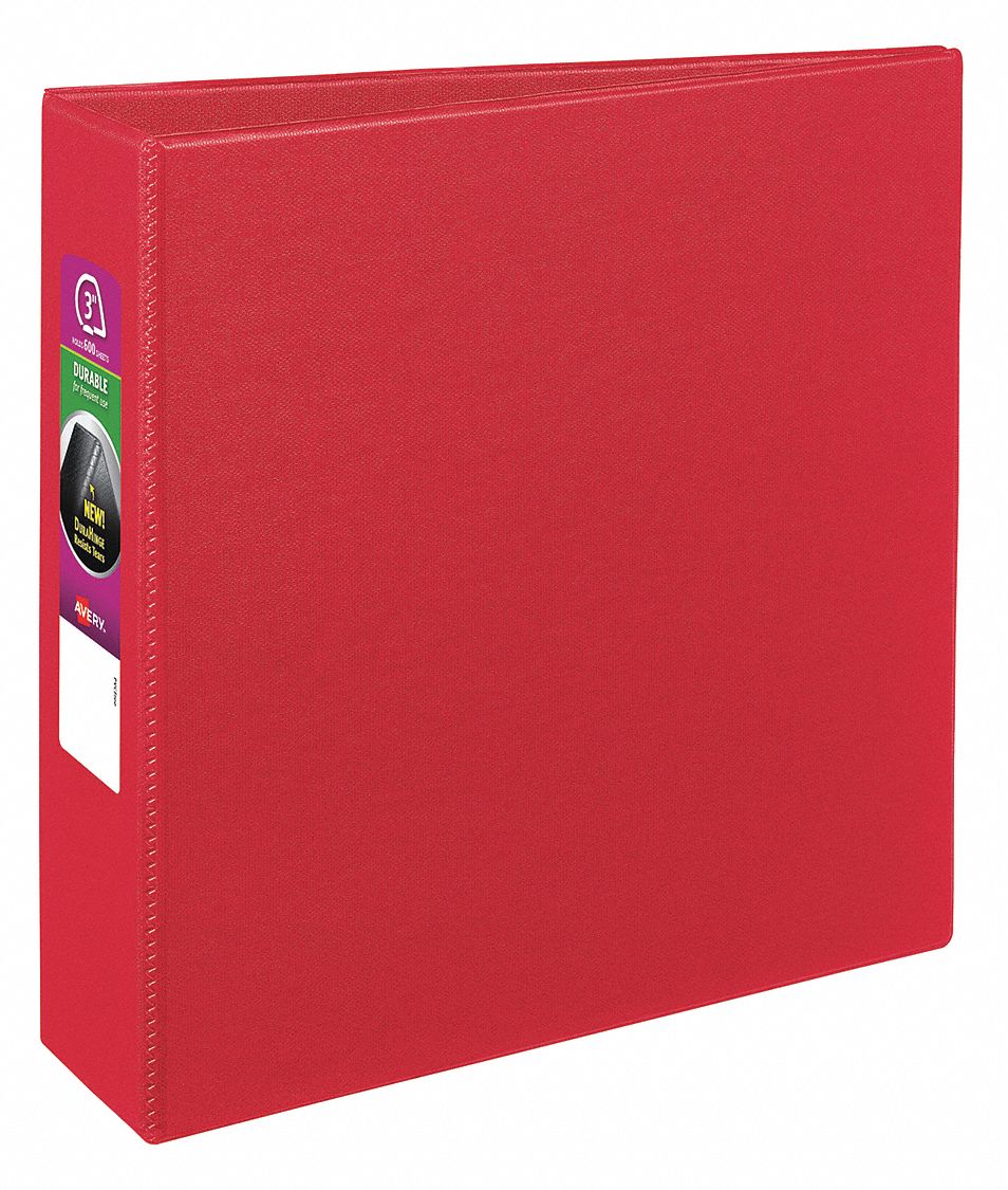 Ring Binder: 3 in Ring Size, Slant D-Ring, 600 Sheet Capacity, Plain, Polypropylene, Red, 2 Pockets