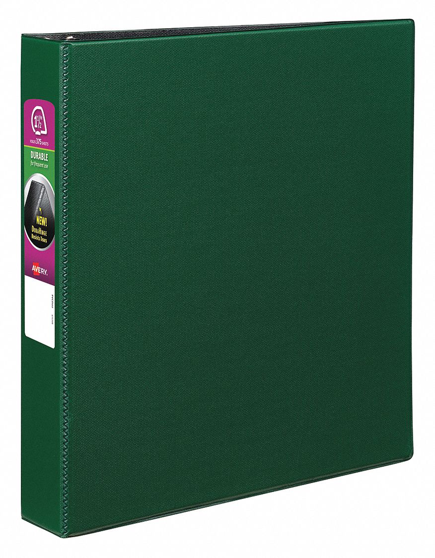 Ring Binder: 1 1/2 in Ring Size, Slant D-Ring, 375 Sheet Capacity, Plain, Polypropylene, Green