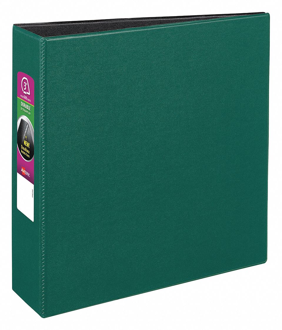 Ring Binder: 3 in Ring Size, Slant D-Ring, 600 Sheet Capacity, Plain, Polypropylene, Green