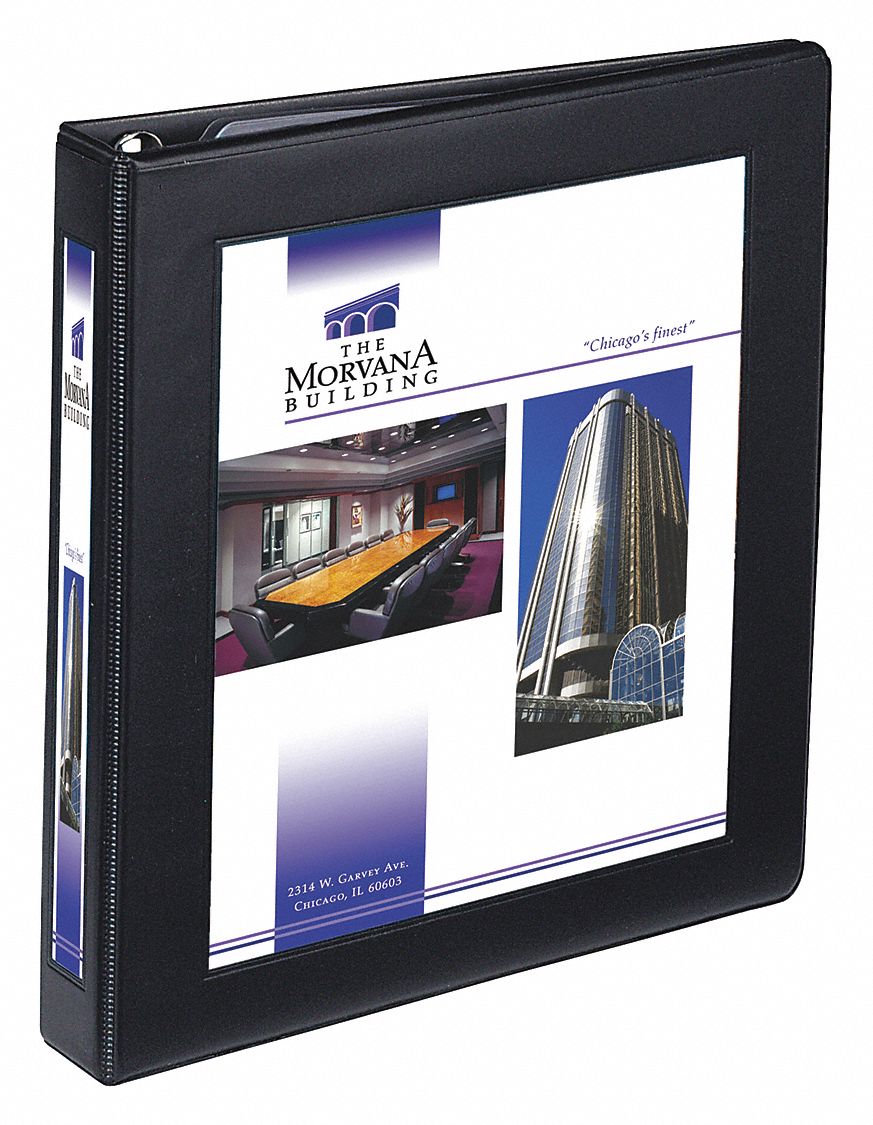 Ring Binder: 1 in Ring Size, D-Ring, 275 Sheet Capacity, Clear Sleeve, Vinyl, Black, 3 Pockets