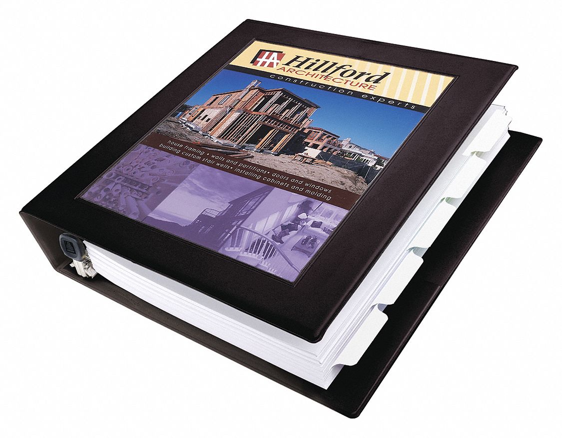Ring Binder: 1 1/2 in Ring Size, D-Ring, 400 Sheet Capacity, Clear Sleeve, Vinyl, Black, 3 Pockets