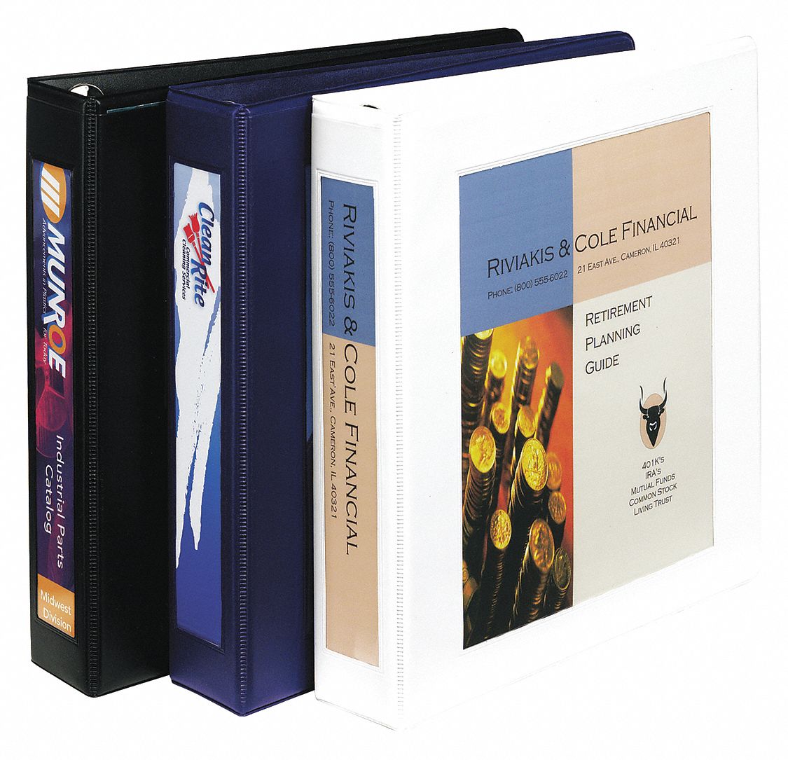 Ring Binder: 1 1/2 in Ring Size, D-Ring, 400 Sheet Capacity, Clear Sleeve, Vinyl, White, 3 Pockets