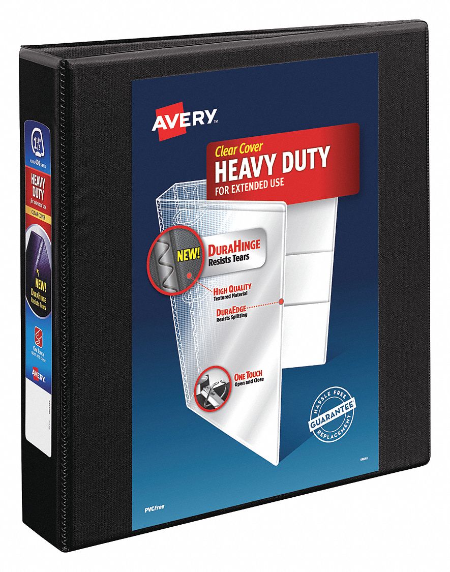 Ring Binder: 1 1/2 in Ring Size, D-Ring, 400 Sheet Capacity, Clear Sleeve, Polypropylene, Black