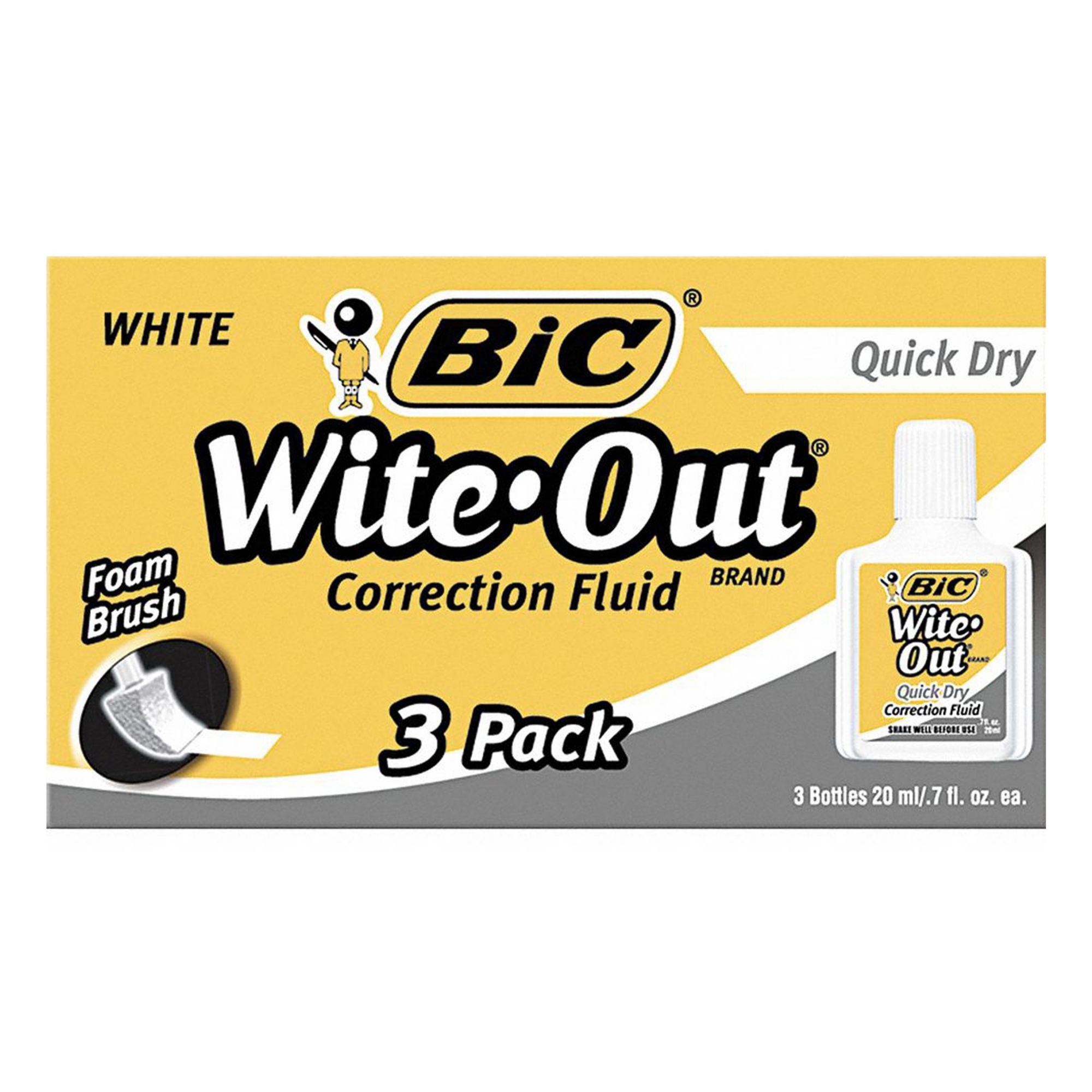 Correction Fluid: 20 mL Correction Fluid Volume, Quick-Dry, Foam Wedge, 3 PK