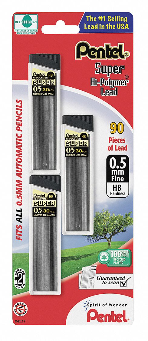 Lead Refill: HB, 0.5 mm Point Size, Std, 3 Tubes per Pack, 90 PK