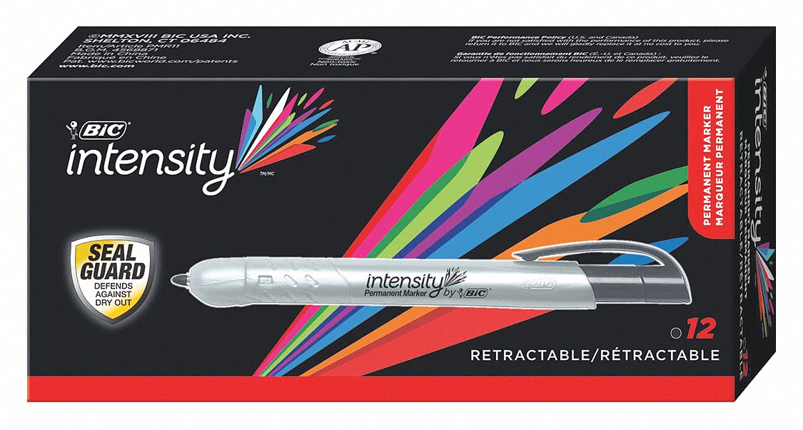 Permanent Marker: Black, Retractable, Fine, Std, Intensity, 12 PK