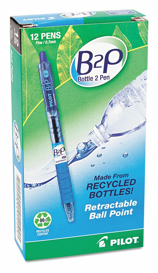Gel Pen: B2P, Blue, 0.7 mm, Retractable, Recycled Plastic, Cushion Included, Fine, 12 PK