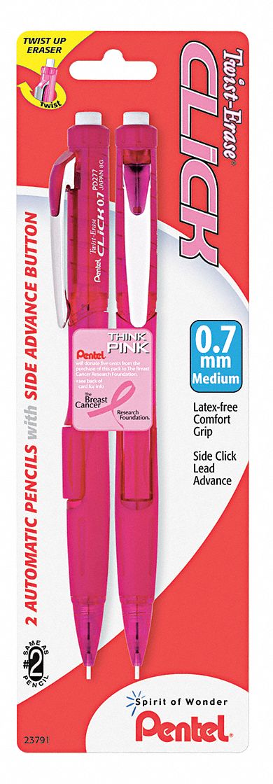 Pencil: Twist-Erase CLICK, HB, 0.7 mm Point Size, Std, Pink, Plastic, Eraser Included, 2 PK