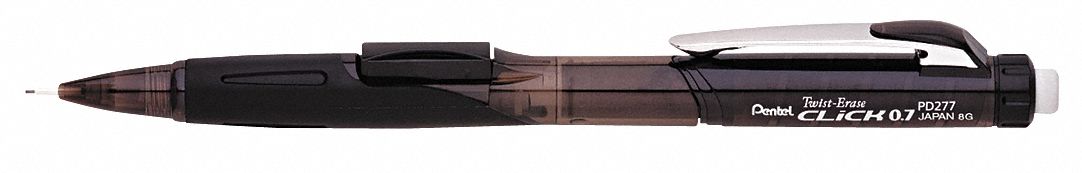 Pencil: Twist-Erase CLICK, HB, 0.7 mm Point Size, Std, Black, Plastic, Eraser Included, Round