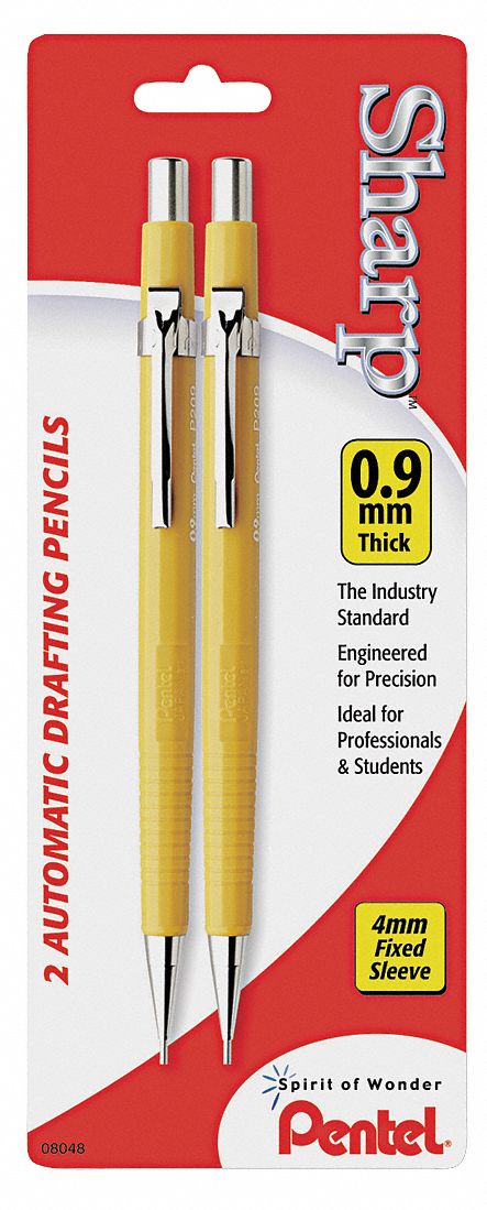 Pencil: Sharp, HB, 0.9 mm Point Size, Std, Yellow, Plastic, Eraser Included, Round, 2 PK