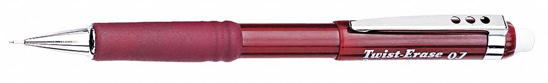 Pencil: Twist-Erase III, HB, 0.7 mm Point Size, Std, Red, Plastic, Eraser Included, Round