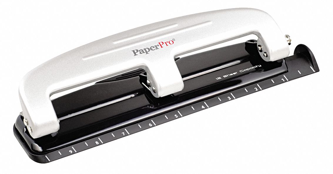 Compact Three-Hole Paper Punch: 12 Sheet Capacity, 9/32 in Hole Dia.