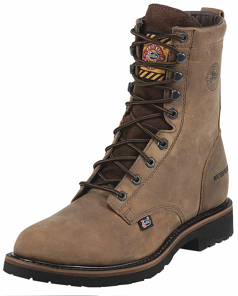 justin men's axe tan mahogany round toe work boot