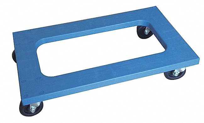 OPEN-DECK PLASTIC GENERAL PURPOSE DOLLY, 1,200 LB LOAD CAPACITY, 4 SWIVEL, BLUE