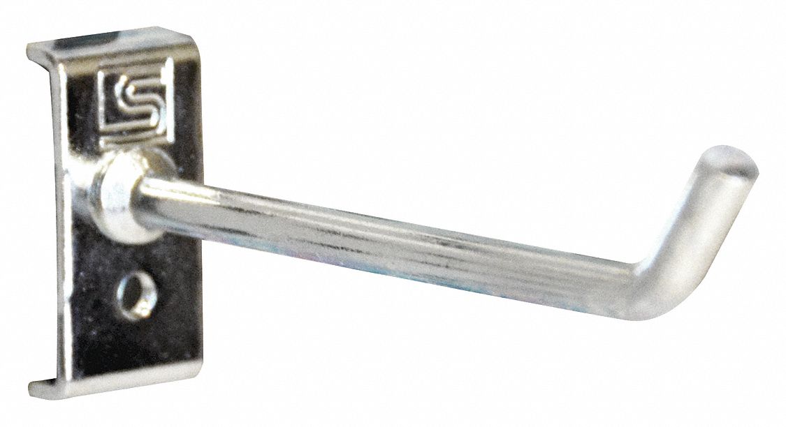 Single Rod Pegboard Hook: 3 7/8 in x 3 15/16 in x 1 3/4 in, 5 Hooks, Screw-In, Surface