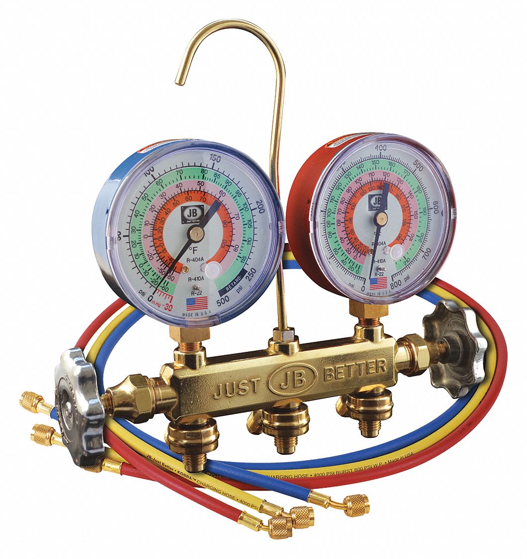 CHARGING MANIFOLD, BRASS, ¼ IN, 3 HOSES,60 IN, 2 VALVES, 0 TO 600/-30 TO 500 PSI, +/-1%