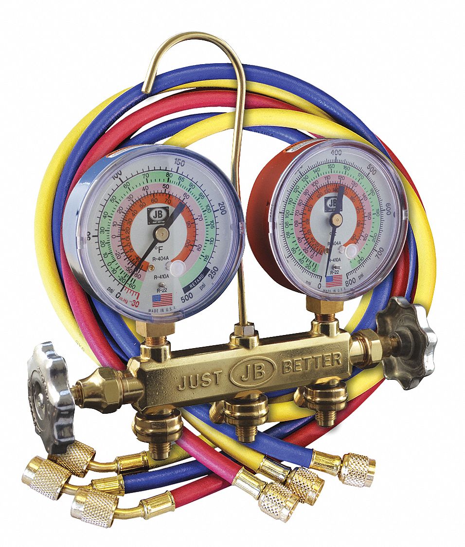 CHARGING MANIFOLD, BRASS, ¼ IN, 3 HOSES,60 IN, 2 VALVES, 0 TO 600/-30 TO 500 PSI, +/-1%