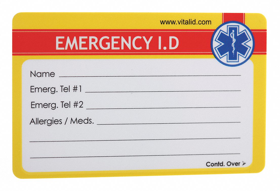 Emergency Wallet ID Card: 2 1/8 in Ht, 3 3/8 in Wd, Plastic, 200 PK