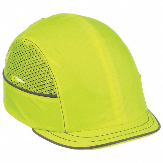 Bump Cap: Short Brim Baseball Head Protection, Hi-Visibility Green, Hook-and-Loop, ABS, No Graphics