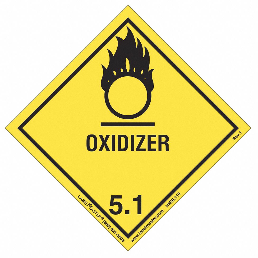 DOT Container Label: Oxidizer, 4 in x 4 in, 4 in Label Ht, 4 in Label Wd, PVC-Free Film