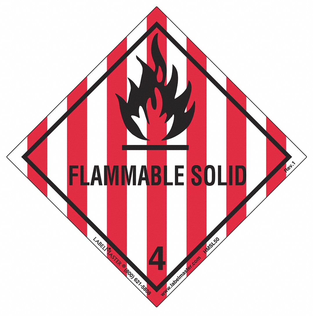 DOT Container Label: Flammable Solid, 4 in x 4 in, 4 in Label Ht, 4 in Label Wd, Label