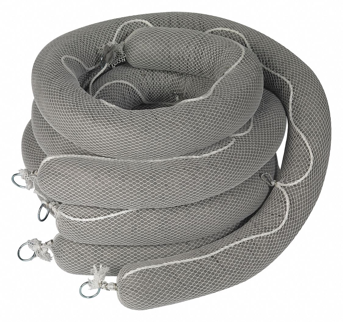 ABSORBENT BOOM, 5 IN X 10 FT, 32 GALLON/PACK, 8 GAL/BOOM, PP FILLER, CLIP, GREY, 4 PK