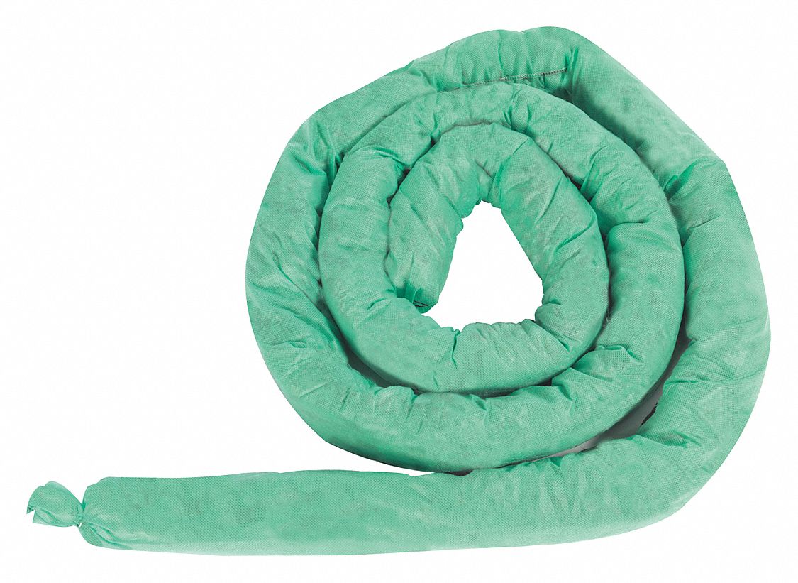 ABSORBENT SOCK, 3 IN X 20 FT, 10 GALLON/PACK, 5 GALLON/SOCK, GREEN, 2 PK