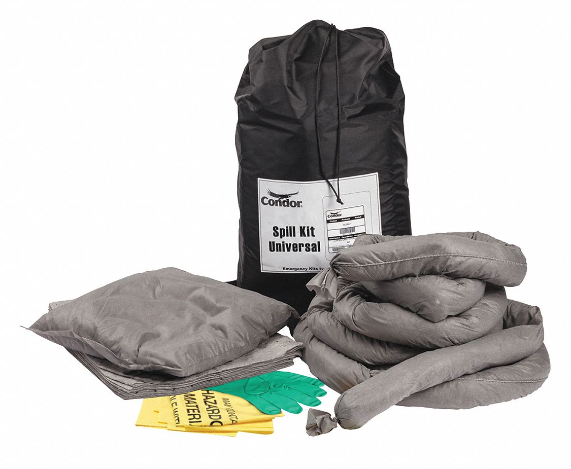 SPILL KIT, 9 GAL ABSORBED PER KIT, 10 PADS/2 SOCKS/PILLOW, PAIR OF NITRILE GLOVES