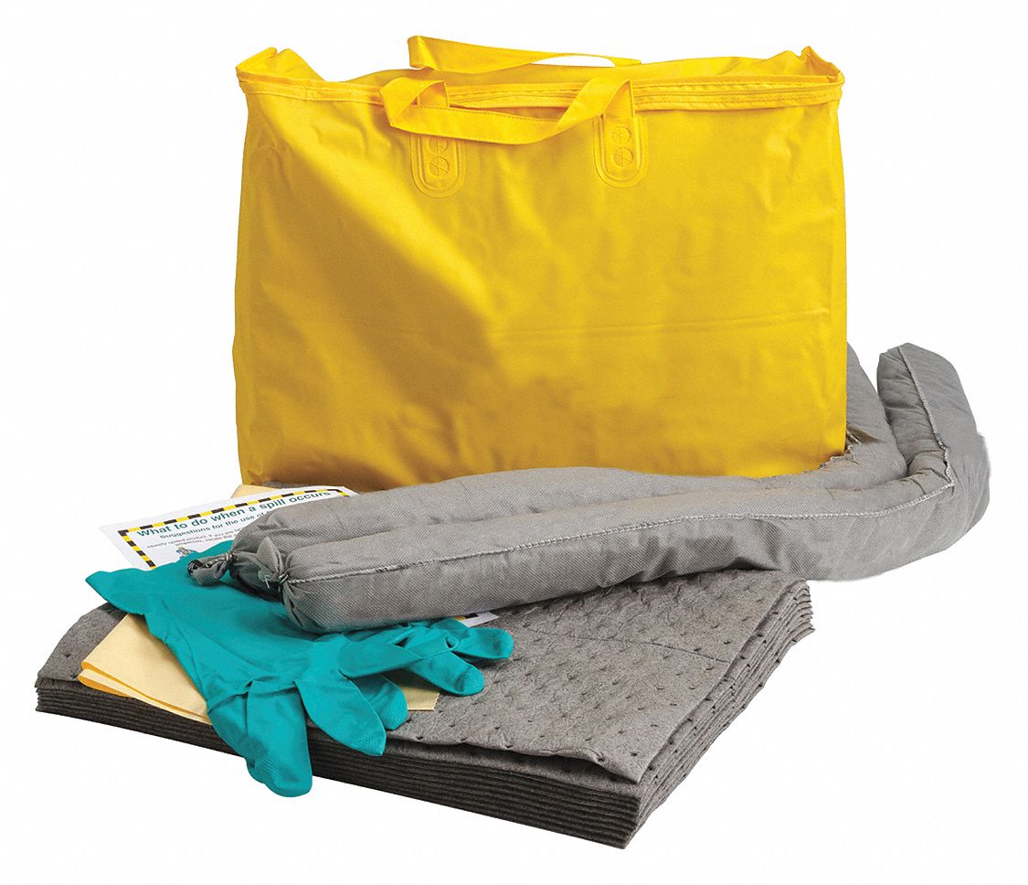 SPILL KIT, 5 GAL ABSORBED PER KIT, 10 PADS/2 SOCKS, PAIR OF NITRILE GLOVES