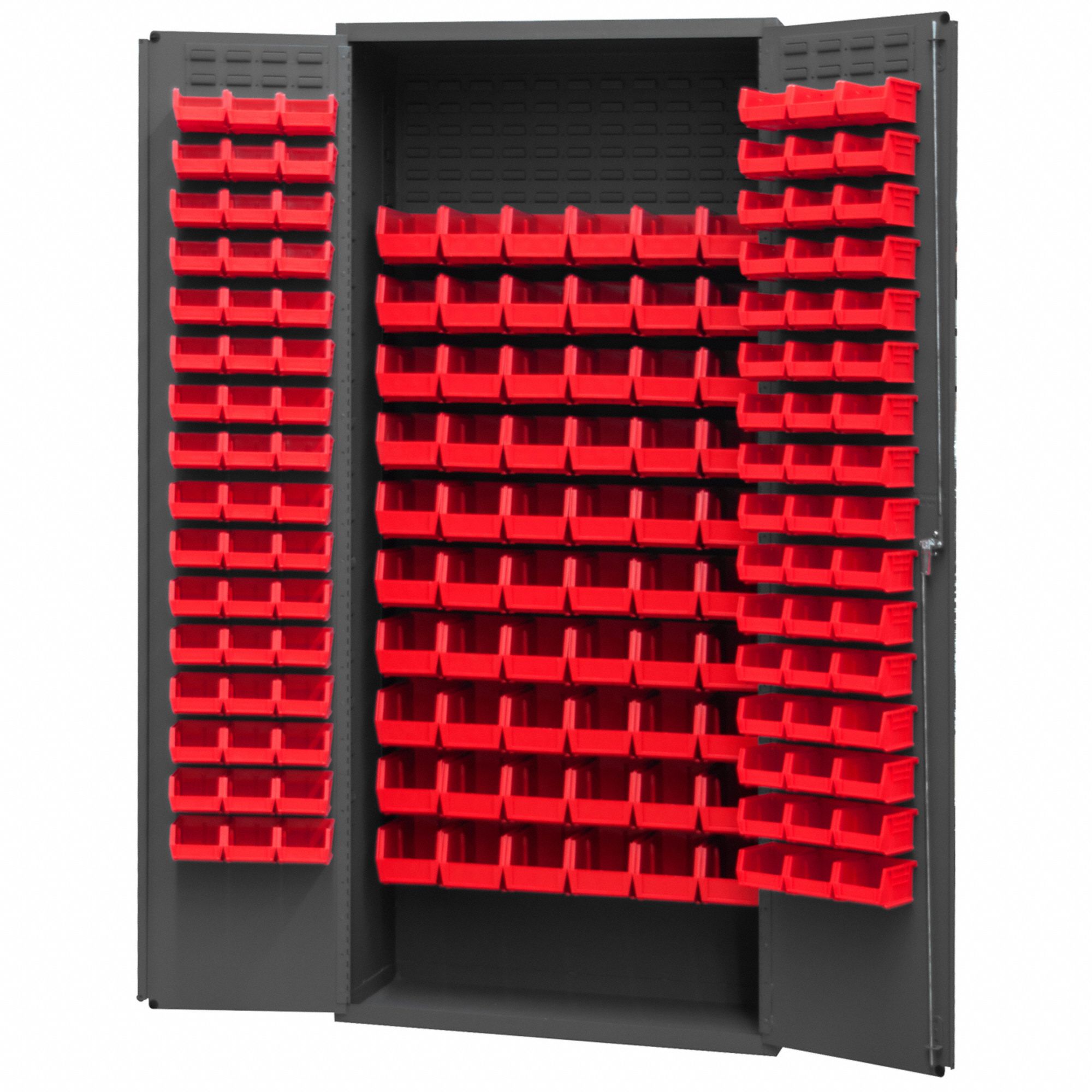 Bin Cabinet: 36 in x 18 in 84 in, 0 Shelves, 156 Bins, Red, Flush, 14 ga Panel, Gray