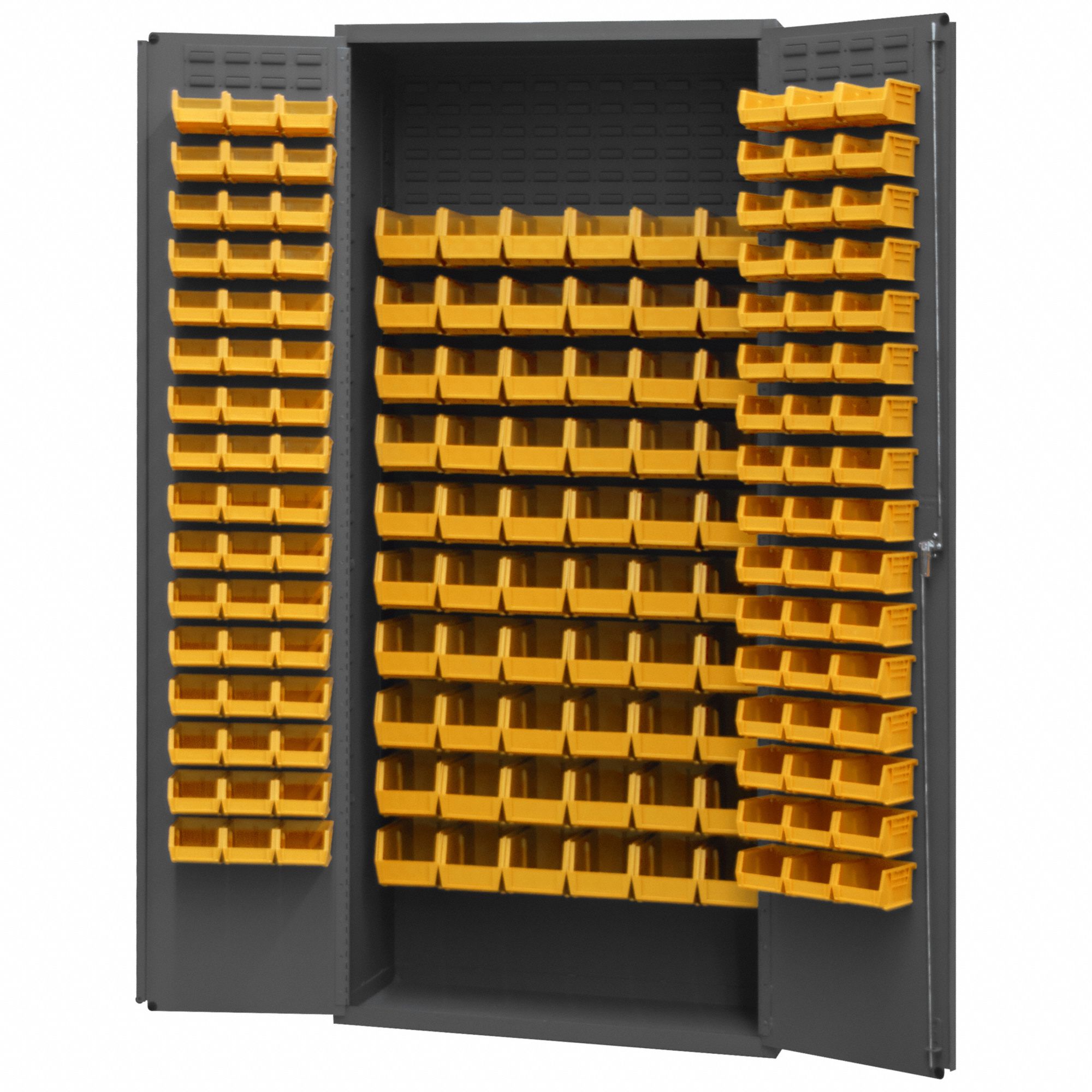 Bin Cabinet: 36 in x 18 in 84 in, 0 Shelves, 156 Bins, Yellow, Flush, 14 ga Panel, Gray