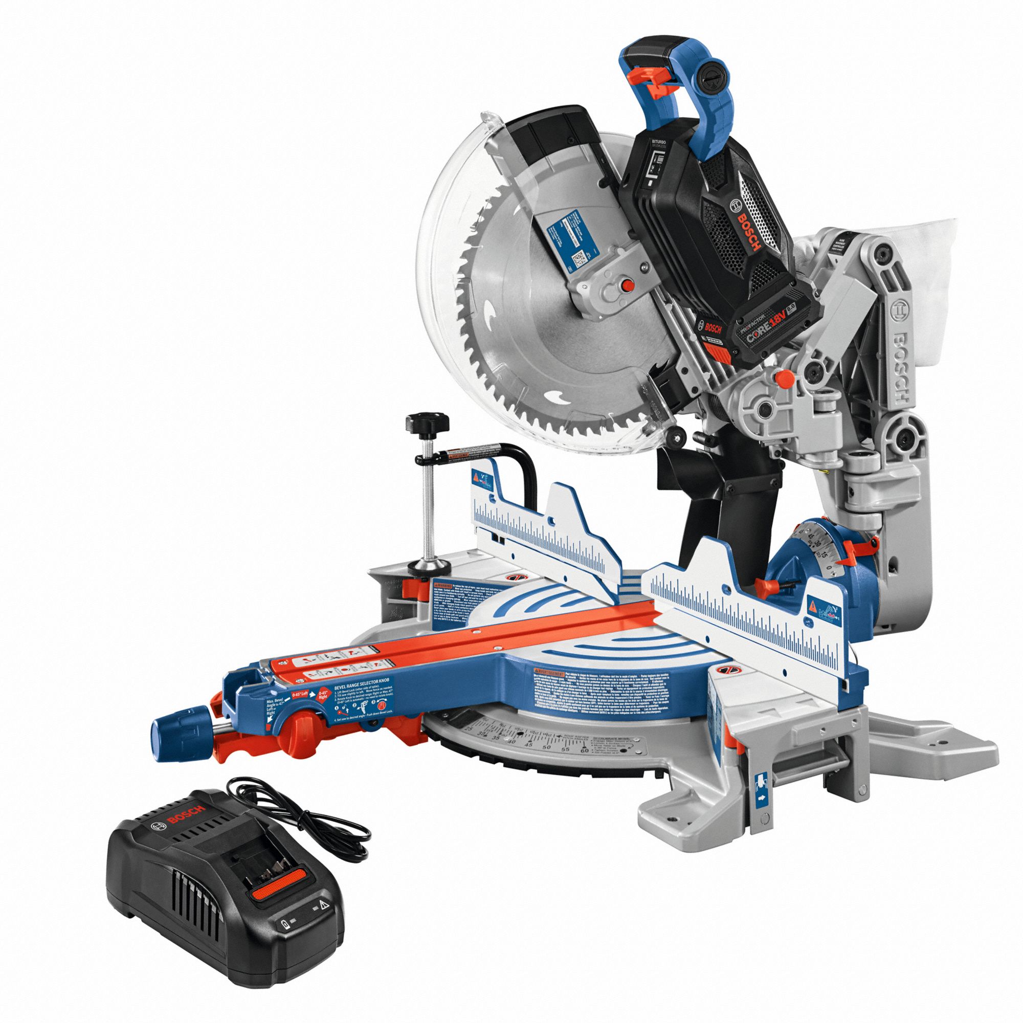 Miter Saw Kit: 1 Battery, 1 Charger, 12 in Blade Dia., 1 in Arbor Size, Not Sliding, 52°to 60°